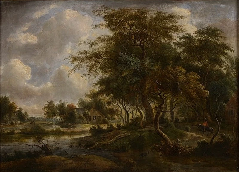 Paesaggio boschivo con fiume e figure